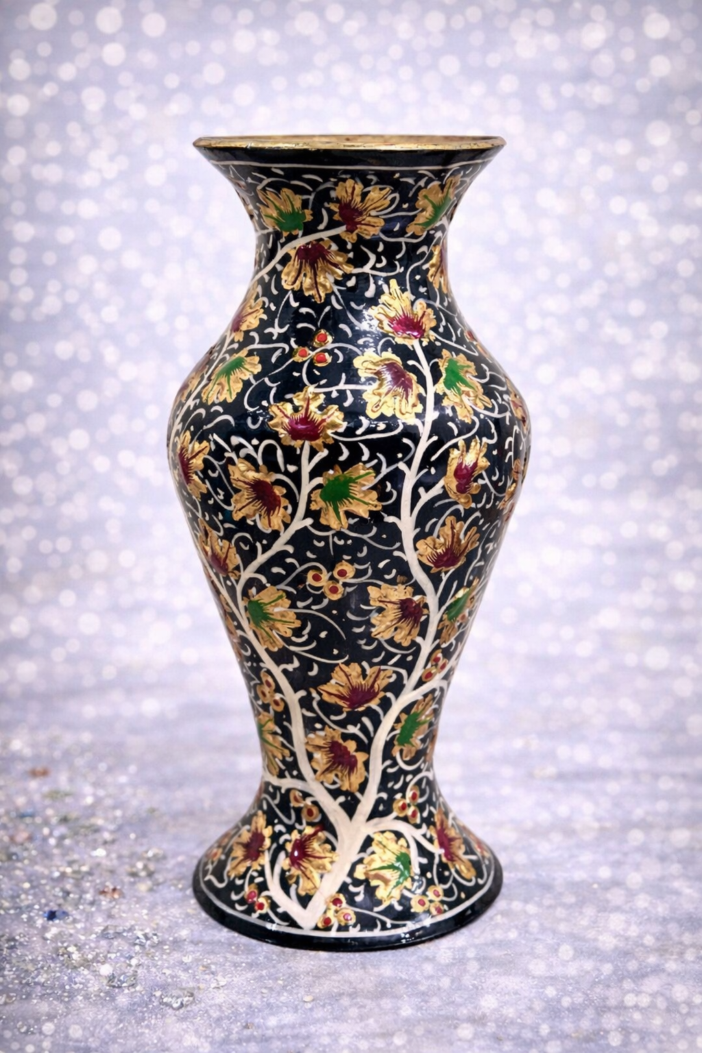 Embosed chinar leaves ,Handmade Kashmiri paper mache flower vase, Hand painted flower vase from Kashmir